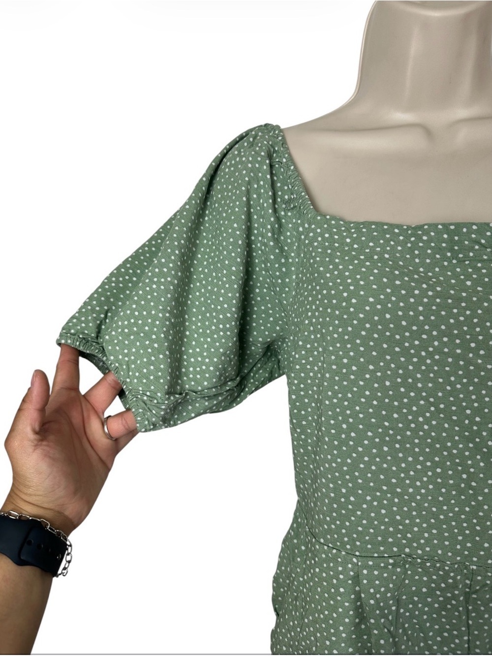 LOFT Green Polka Dot Puff Sleeve Romper - Picture 3 of 5